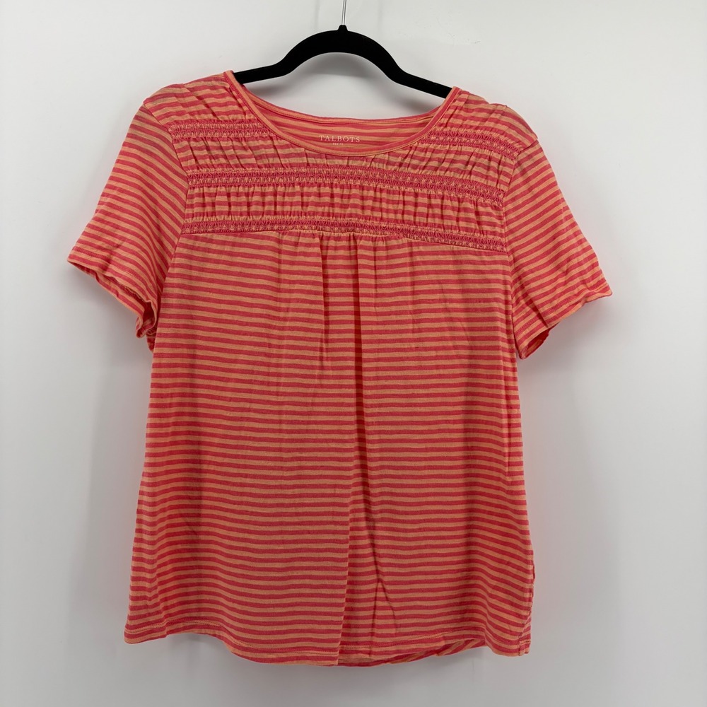 Talbots Womens Orange Striped Smocked Neck T Shirt Top Size Large Petite